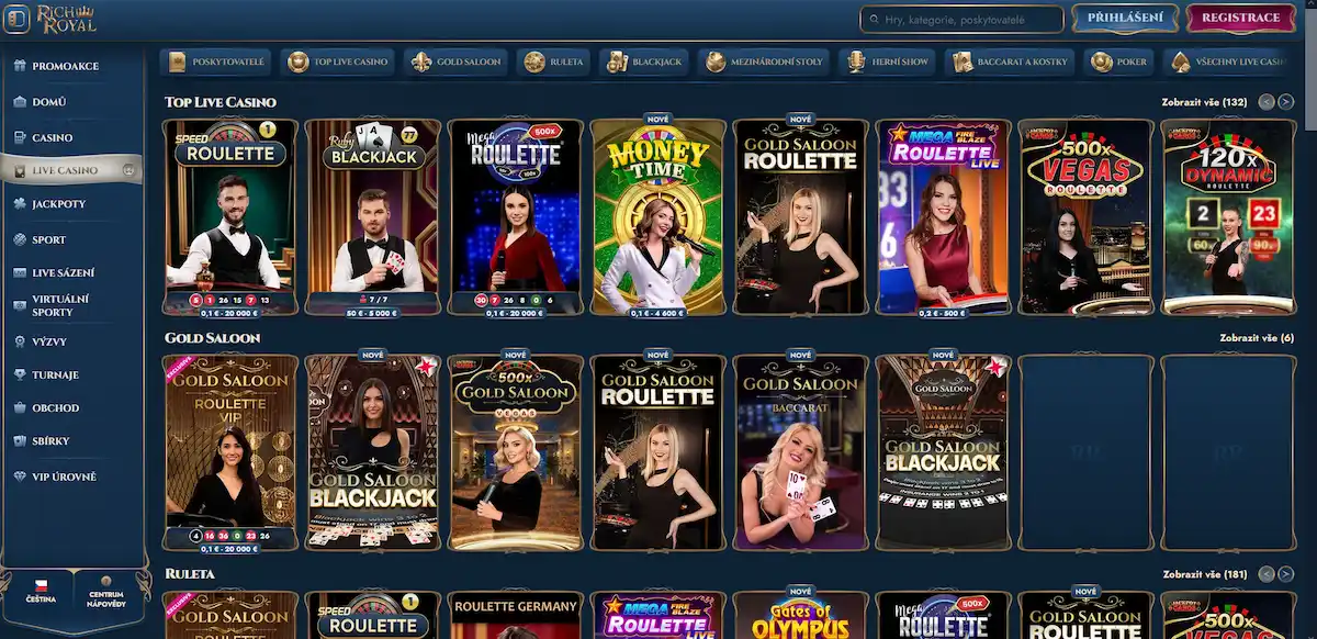 Živé kasino se stoly s krupiéry v Rich Royal Casino