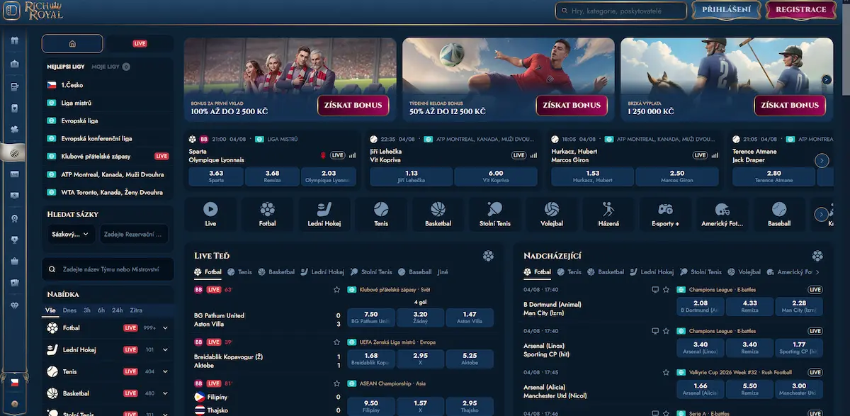 Nabídka sportovních sázek v Rich Royal Casino